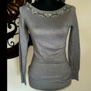 Cache 80s 90s Silver Crystal Embellished Sweater Ribbed Holiday XS